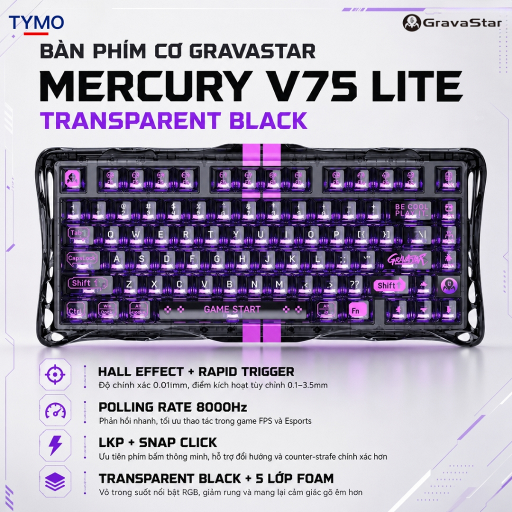 Bàn Phím Cơ Gaming GravaStar Mercury V75 Lite Transparent Black | Hall Effect | 8000Hz