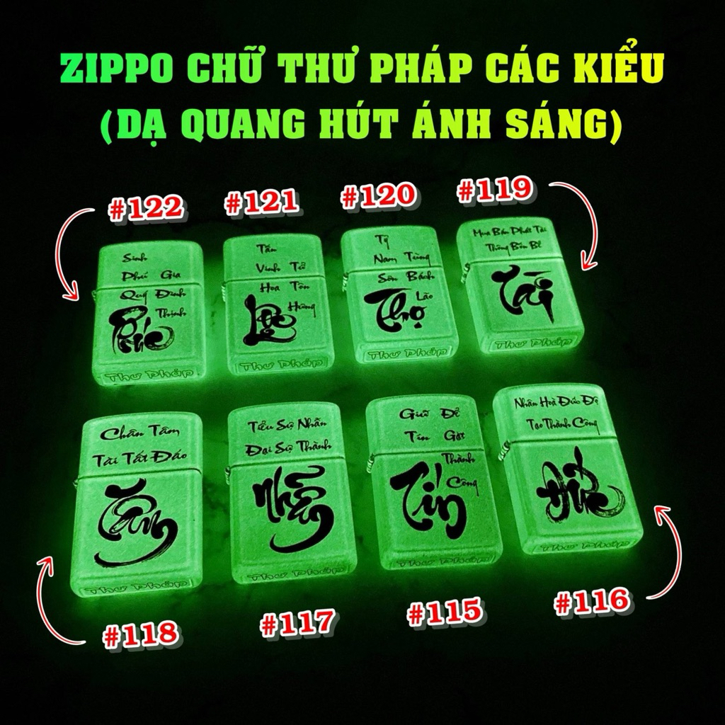 Vỏ Sinh Tồn Zippo Chữ  Thư Pháp Dạ Quang Hút Ánh Sáng ( Không Nhiên Liệu )
