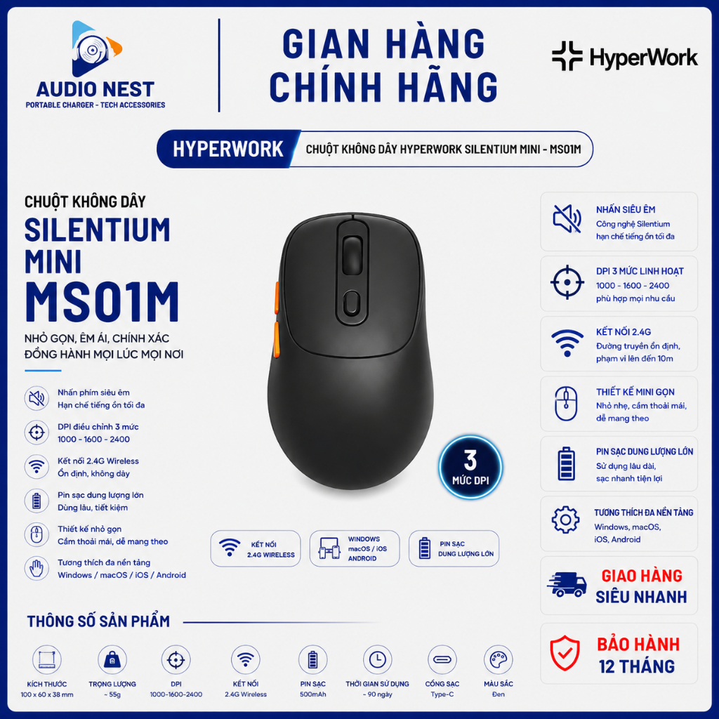 Chuột không dây HyperWork Silentium Mini MS01M