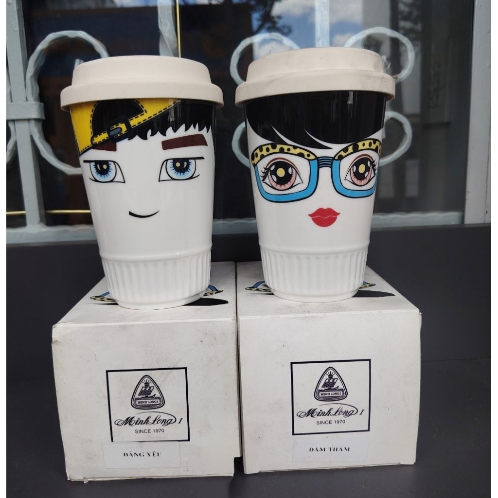 Bộ 02 ly sứ Minh Long mẫu nam nữ 400ml - ly sứ minh long 400ml có nắp