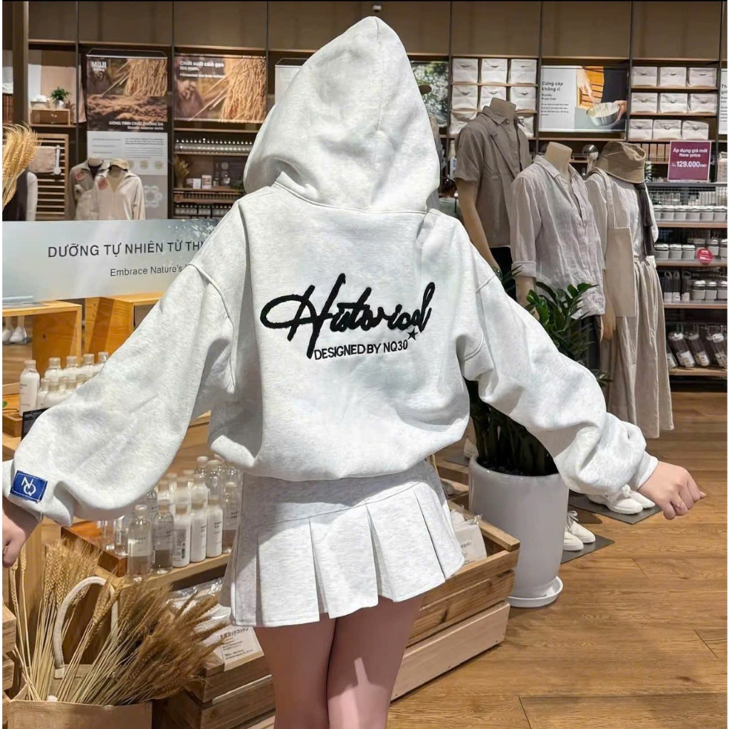 Áo Khoác Hoodie Zip COTTON Thêu Xù NQ30 HISTORICAL Form Boxy Form Rộng Nam Nữ Unisex