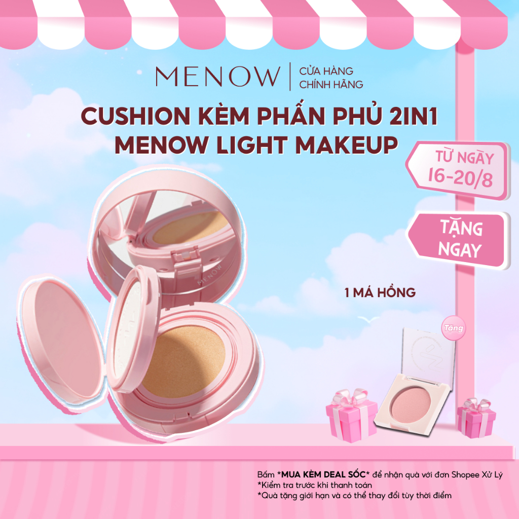 Cushion kèm Phấn Phủ 2in1 MENOW Light Makeup Cushion Powder Cream Pink Series 17gr