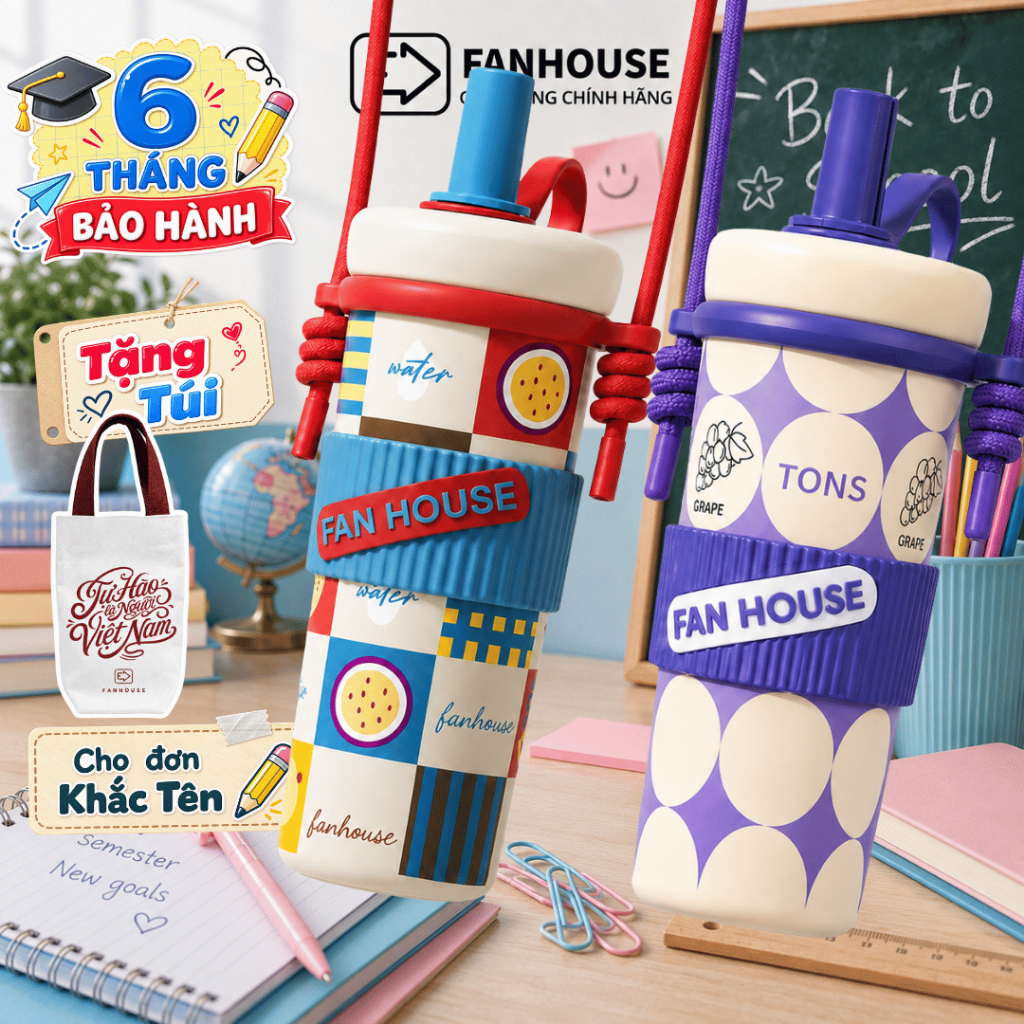 Ly giữ nhiệt Straw Cup Ceramic 720ml inox 316L phủ sứ bình giữ nhiệt Fan House in hình tặng túi