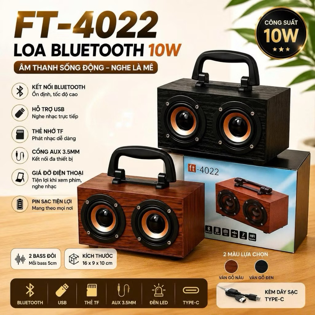 Loa Bluetooth FT-4022 10W, 2 Bass 5cm, Loa Để Bàn Có Giá Đỡ Điện Thoại, USB TF AUX, Type-C