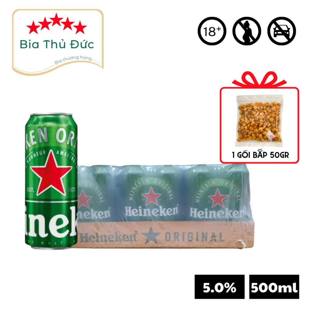 [Thùng + Bắp] Bia Heineken Hà Lan Thùng 24 Lon 500ml Ngon Chất Lượng Sang Trọng (Date T01/2027)
