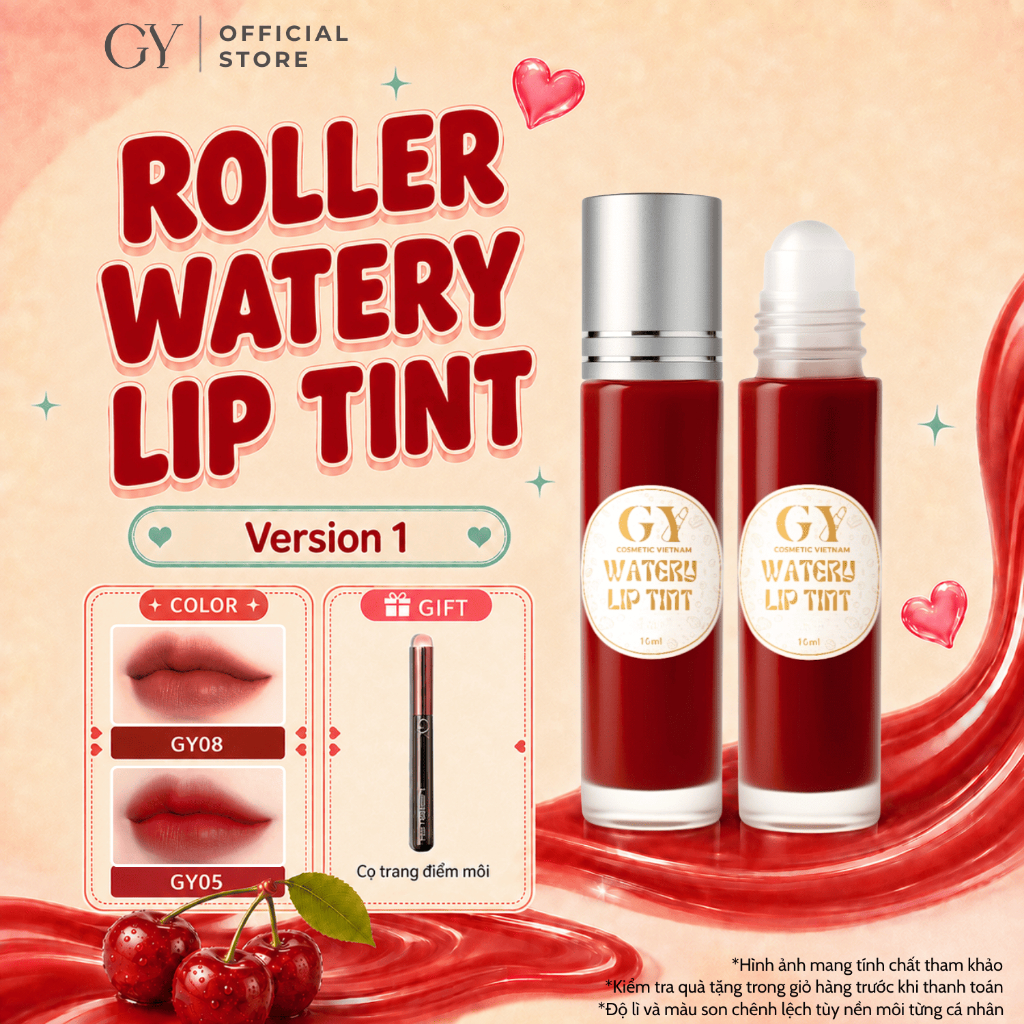 Son Tint Lì Bi Lăn Roller Watery Lip Tint V1 GY Cosmetic, Nhẹ Môi, Lâu Trôi, Bền Màu, 9 Màu, 10ml