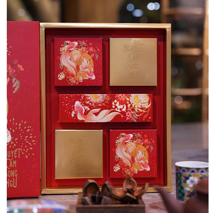Set Quà Tặng Trung Thu 4 Bánh "Nguyệt Cầm Song Ngư" 150gr - Hộp Bánh Trung Thu Cổ Truyền Doanh Nghiệ