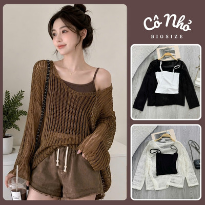 Áo Thun Lưới Bigsize Nữ Tay Dài Phối Áo Hai Dây Cá Tính Mặc Mát Đi Biển Cafe A317+G118