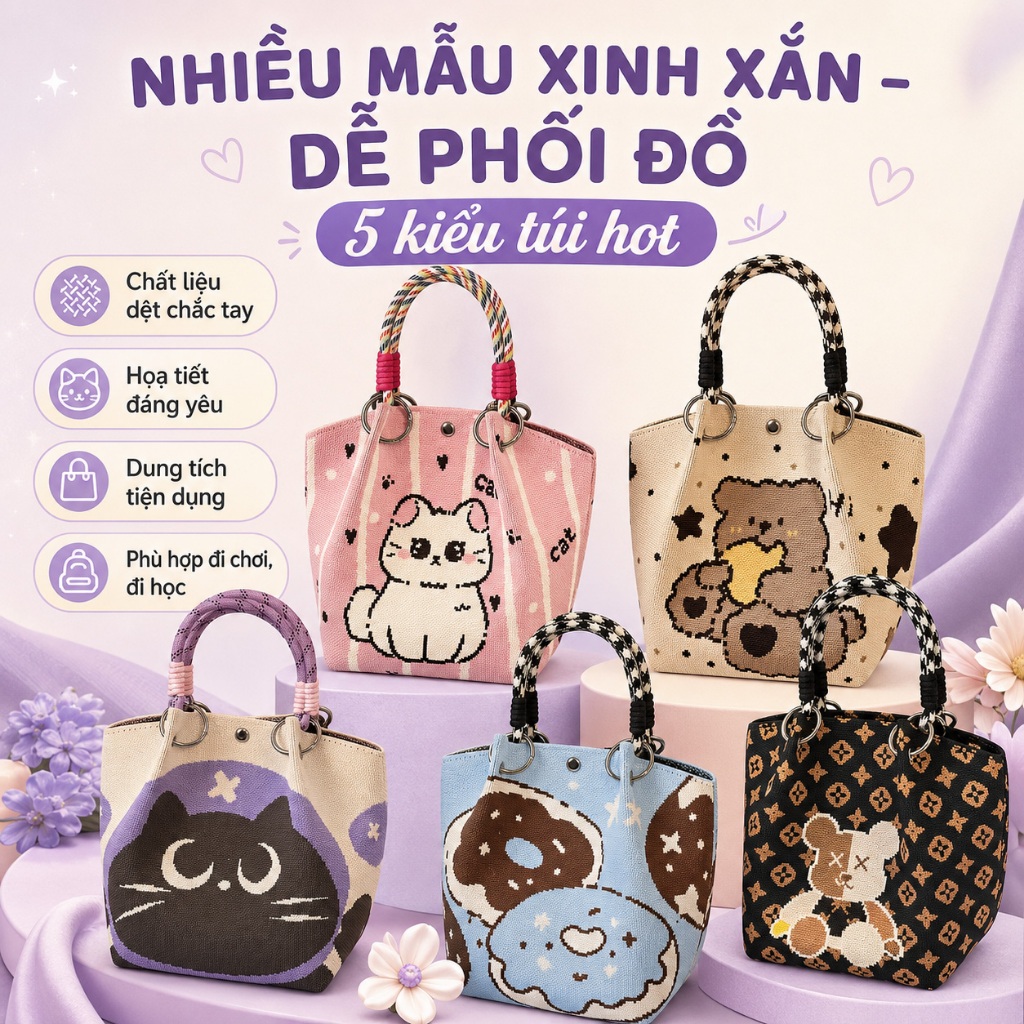 Túi dệt vải đựng hộp cơm, đồ cá nhân, mỹ phẩm tiện lợi đa năng, túi mini xách…
