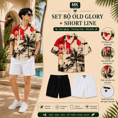 Set Bộ Nam Sơ Mi Cuban Old Glory và Quần Short Đũi Line MK CLEVER Đồ bộ nam Form Thoáng Mát, Set Đồ Nam Trẻ Trung Mùa Hè