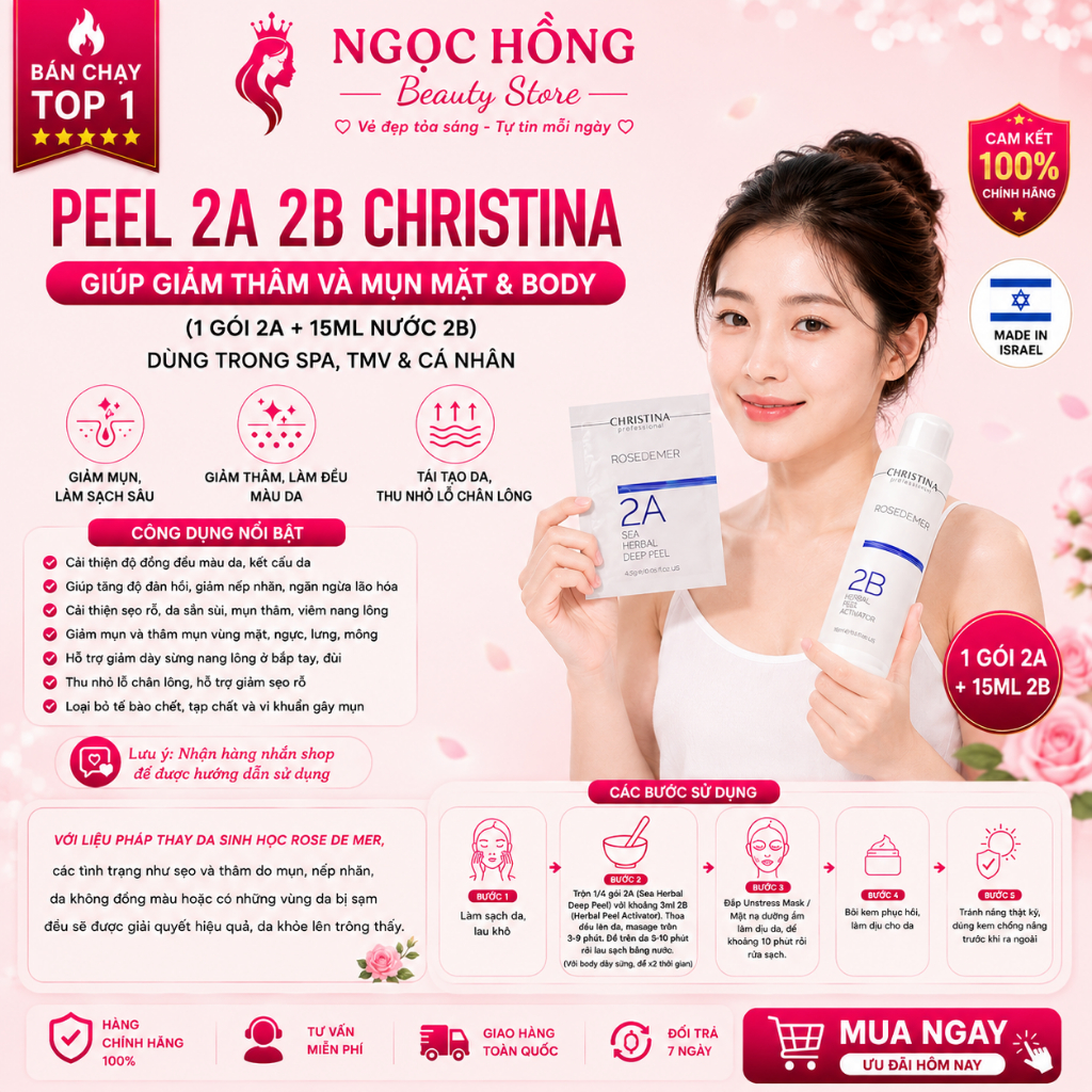 Peel 2A 2B Christina giúp giảm thâm và mụn mặt và body lưng mông (1gói 2A+ 15ml nước 2B) Dùng trong 