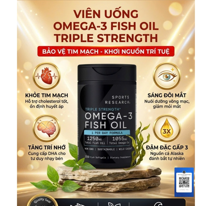 Dầu Cá Omega-3 Fish oil Sport Research Triple Strength 150viên 1250mg Bổ não Sáng mắt Trẻ hóa da