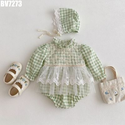 Body Dài Tay Bé Gái Caro Xanh Mint Phối Lưới Thêu Hoa Tùng Bèo Vintage MINTSCLOSET BV7273