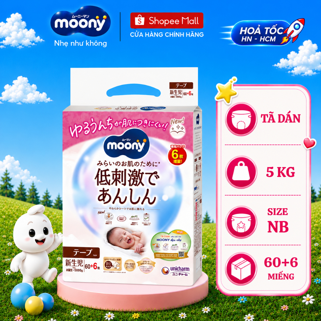 Tã dán Moony Dịu Nhẹ siêu cao cấp NB62+4/S58+2/M46/L38