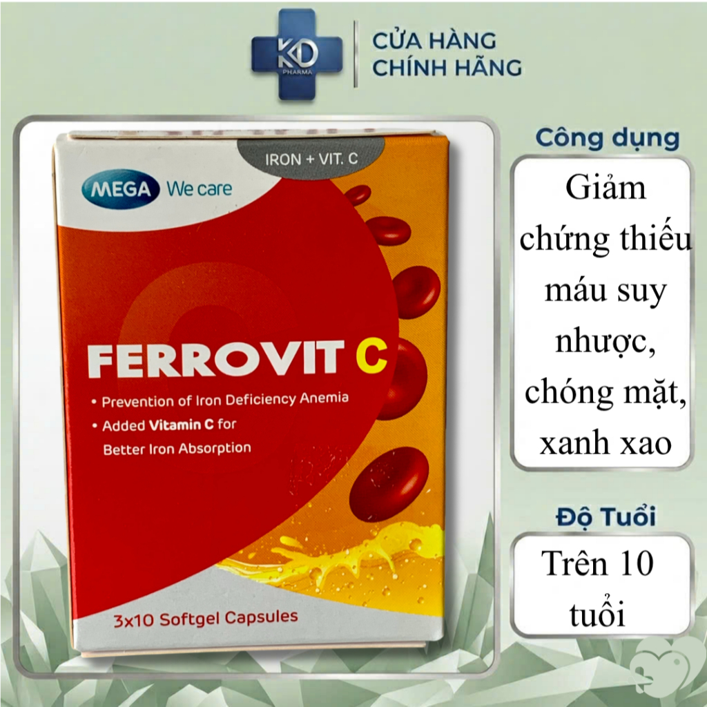 Viên uống Ferrovit C Mega hỗ trợ giảm nguy cơ thiếu máu do thiếu sắt (3 vỉ x 10 viên)