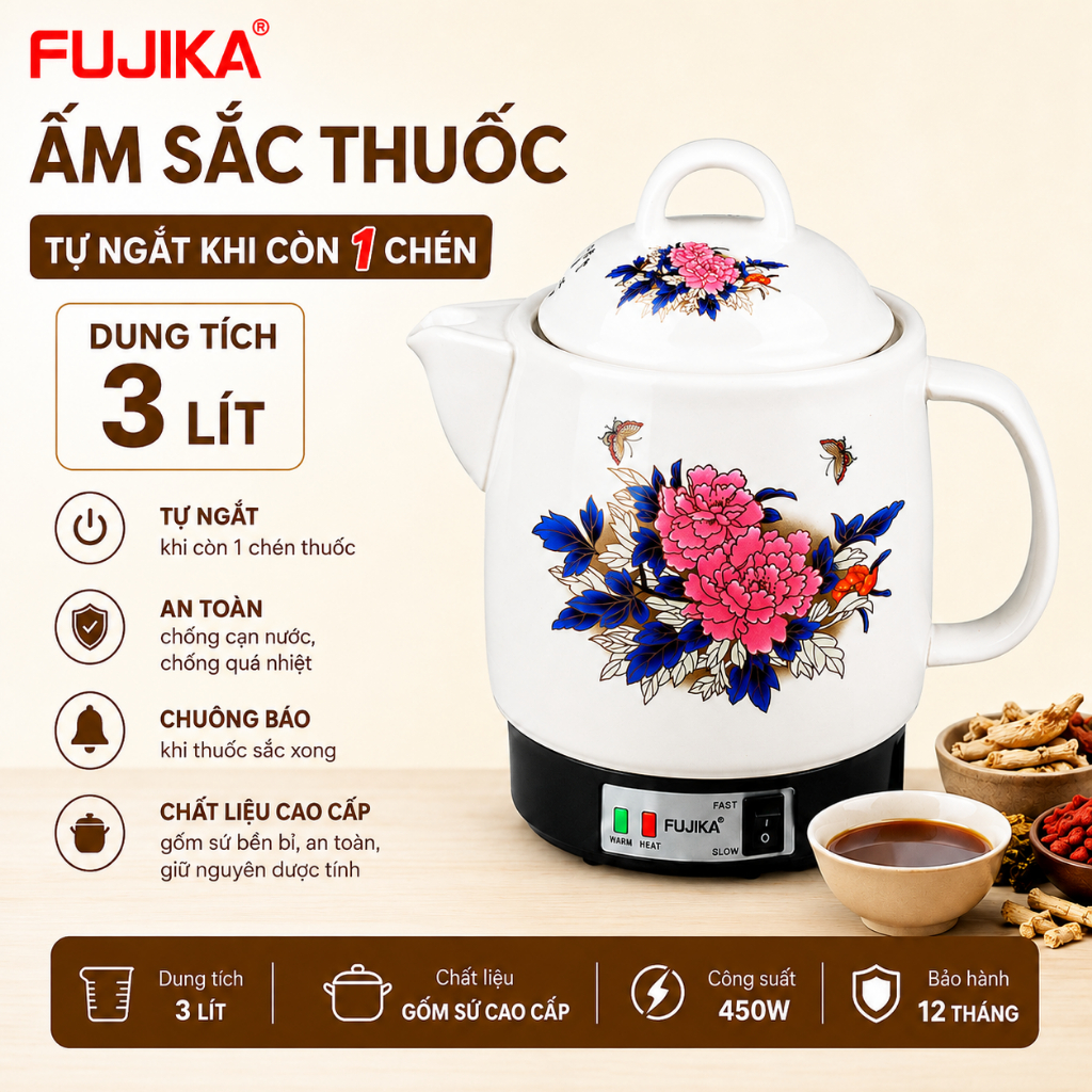 Ấm sắc thuốc Fujika FJ-CK33 dung tích 3L (MÀU TRẮNG) công suất 450W - Chính hãng BH 12 tháng