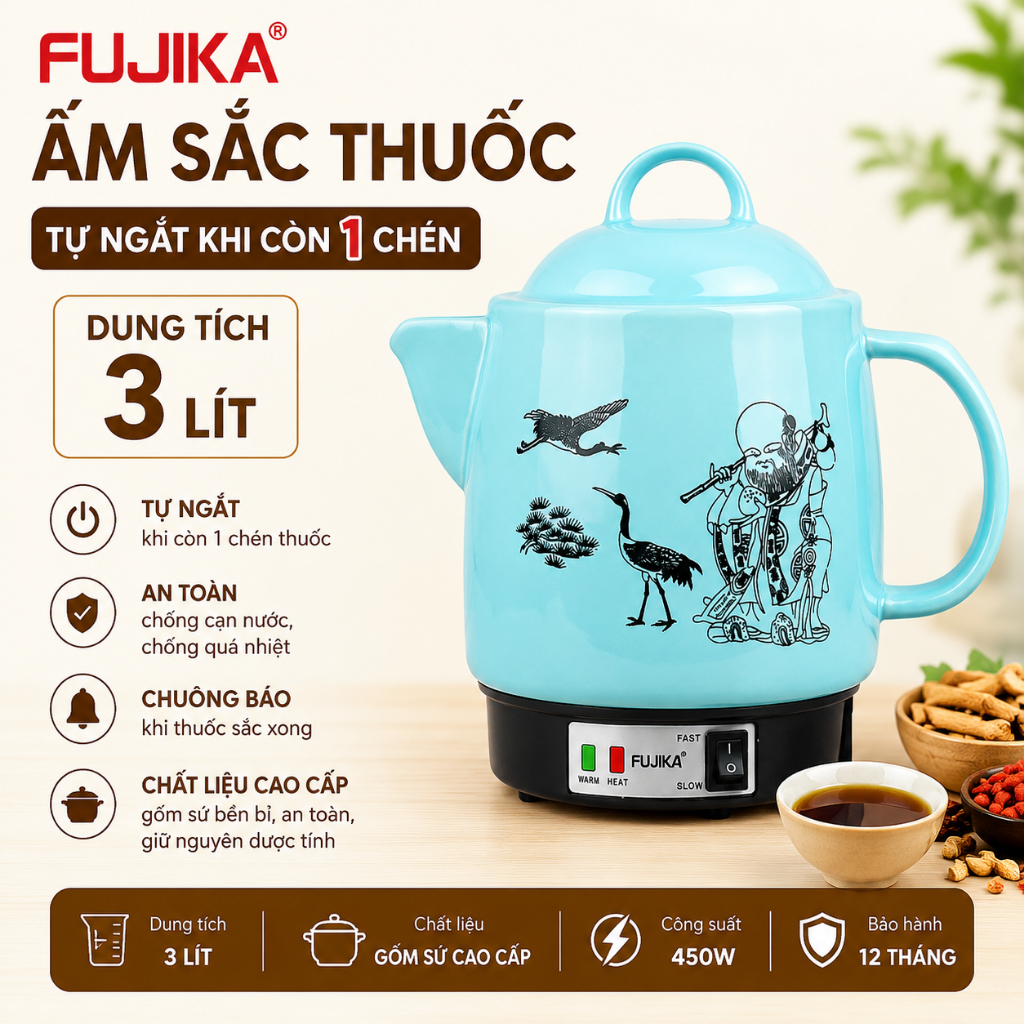 Ấm sắc thuốc Fujika FJ-CK33 dung tích 3L (MÀU XANH) công suất 450W - Hàng chính hãng
