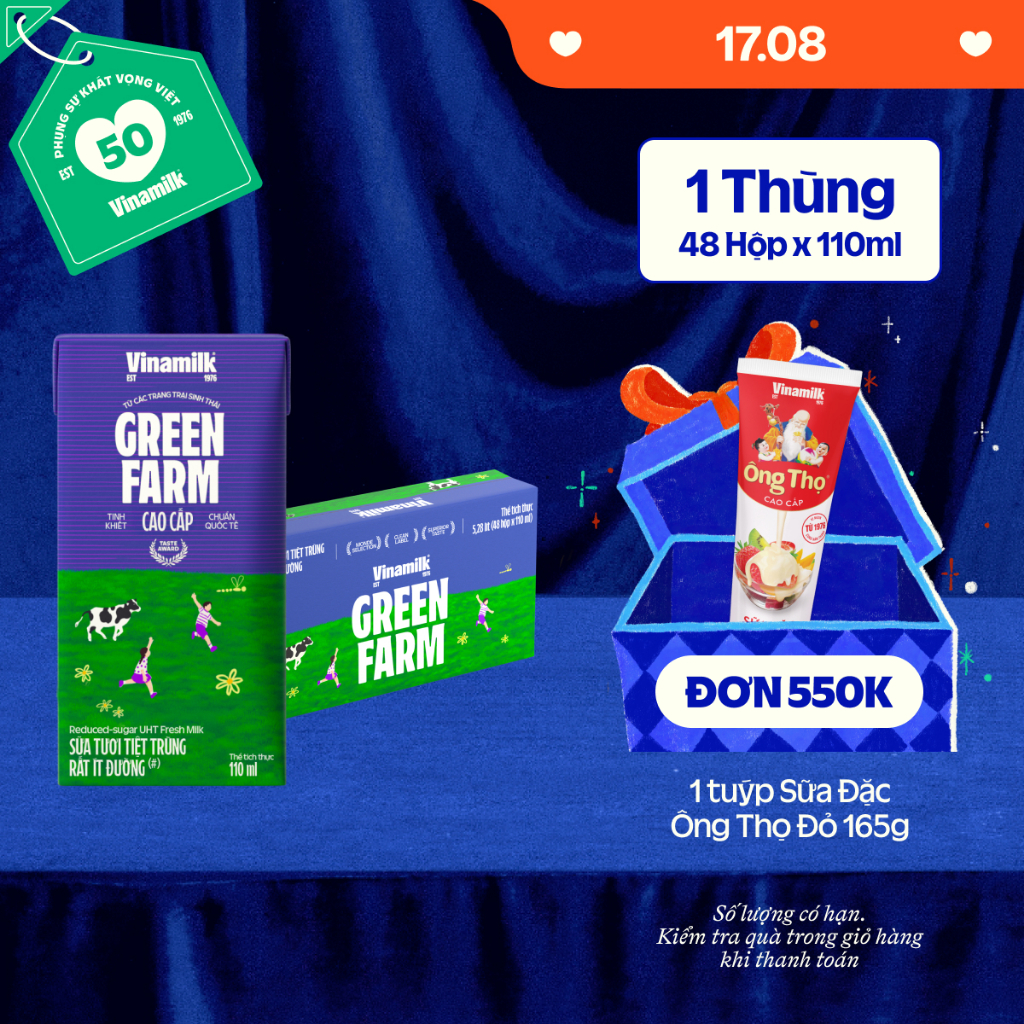 Thùng 48 hộp Sữa tươi Tiệt Trùng Vinamilk Green Farm rất ít đường 110ml