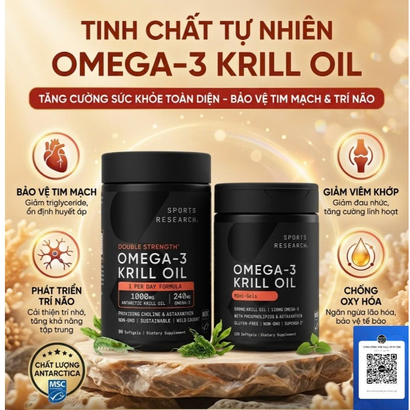 Dầu nhuyễn thể Sports Research  Omega-3 Double Strength Omega-3 Krill Oil
