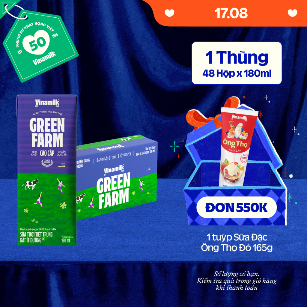 Thùng 48 Hộp Sữa Tươi Tiệt Trùng Vinamilk Green Farm Rất ít đường 180ml