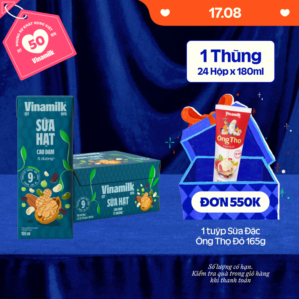 Thùng 24 hộp sữa hạt Cao Đạm ít đường Vinamilk - hộp 180ml