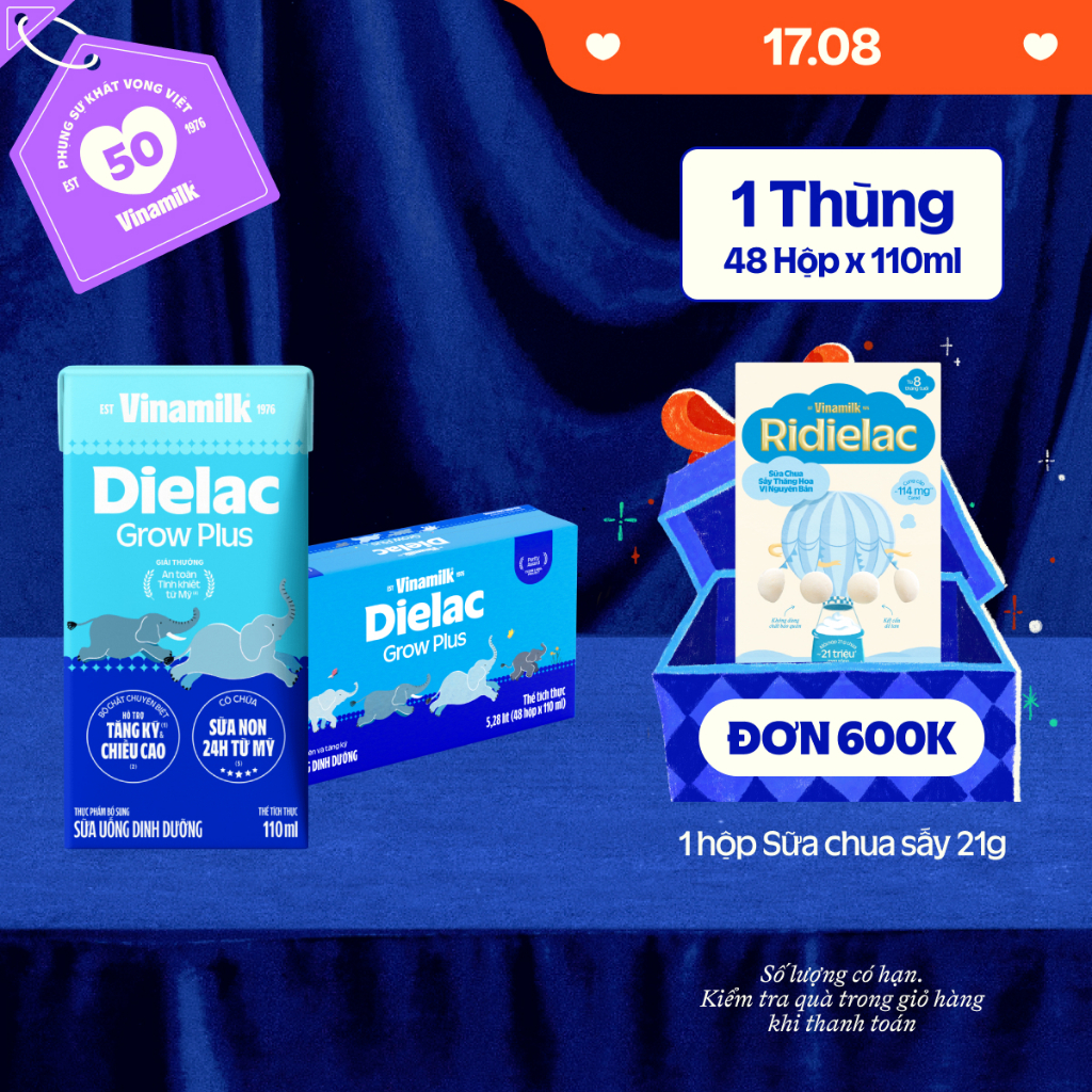 Thùng 48 hộp Sữa Non Vinamilk Dielac Grow Plus (Sữa Uống Dinh Dưỡng) 110ml|Có thể nhận Bao Bì Cũ/Mới