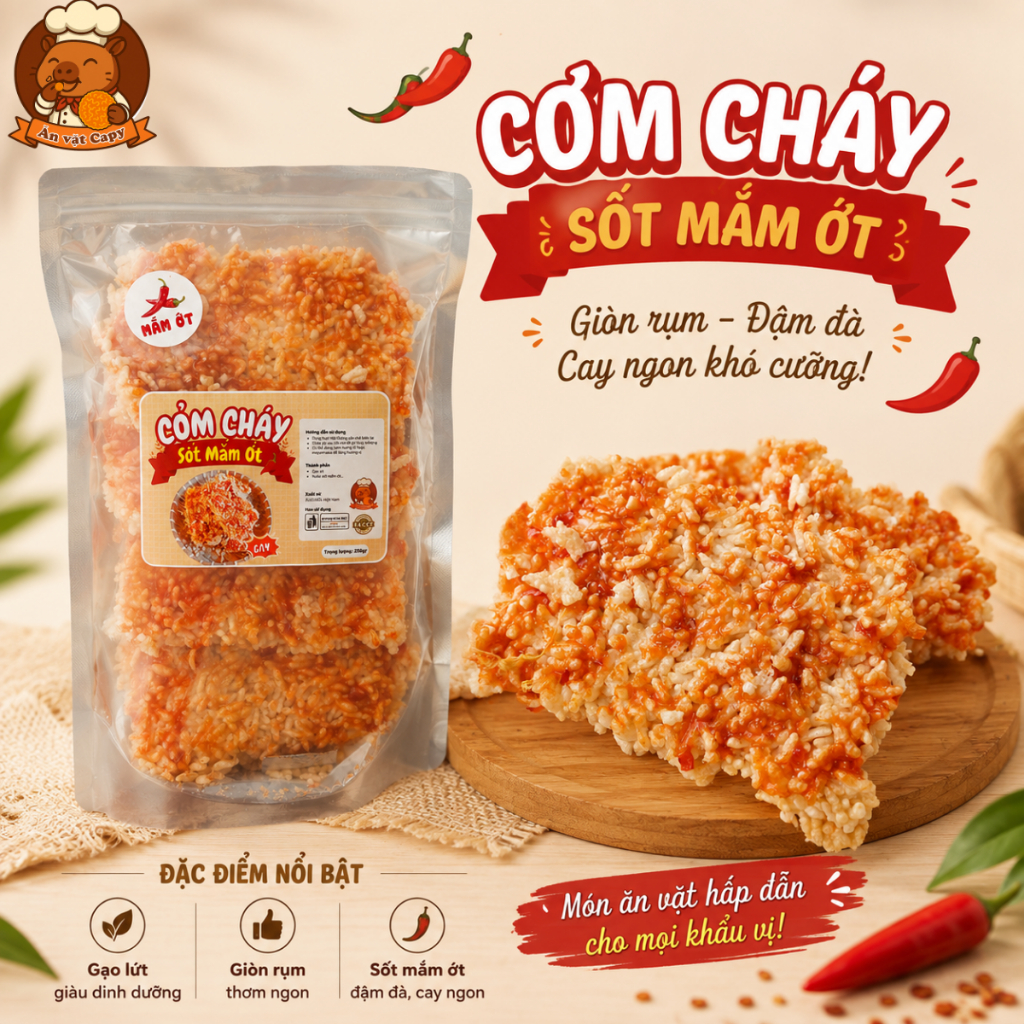 Combo 2 Cơm Cháy Sốt Mắm Ớt, Cơm Cháy Ăn Vặt Sốt Mắm Ớt, Cơm Cháy Ăn Vặt Giòn Xốp 250gr/Túi | Đồ Ăn 
