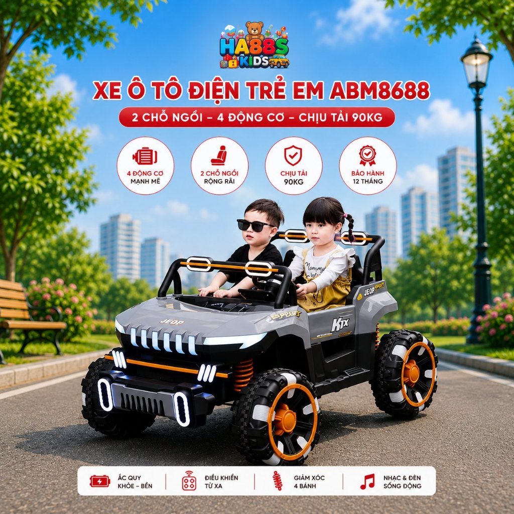 Xe Ô Tô Điện Trẻ Em ABM8688 2 Chỗ 4 Động Cơ, Điều Khiển Từ Xa, Tự Lái, Bảo Hành 12 Tháng