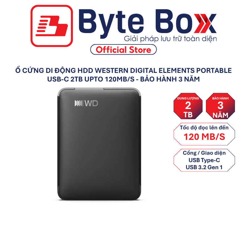 Ổ cứng di động HDD Western Digital Elements Portable USB-C 2TB upto 120MB/s WDBDTV0020BBK-WESN - Bảo