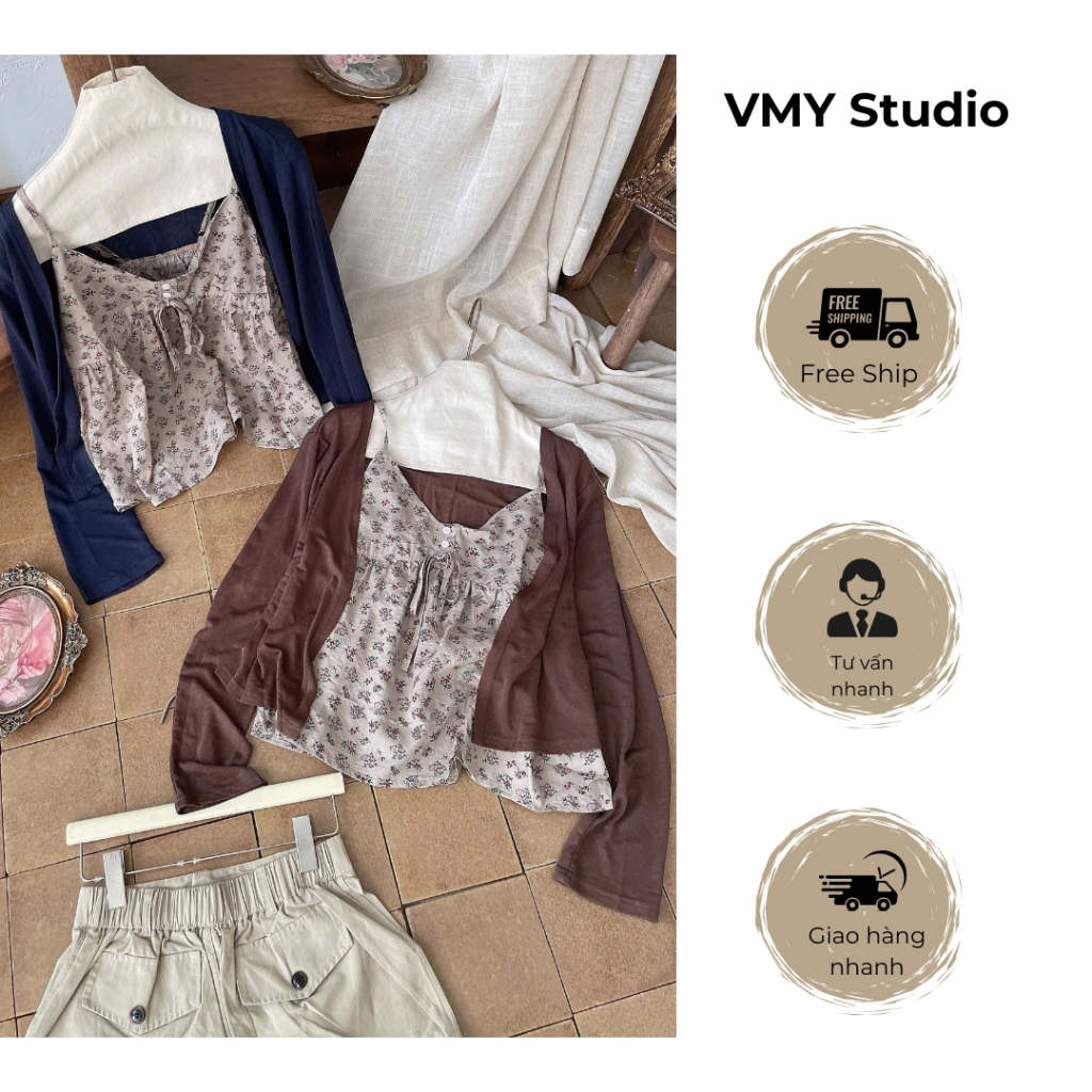 VMY Studio - Set áo cardigan hoa nhí trẻ trung năng động, set áo hoa nhí thắt nơ dài tay cá tính QCCC đi chơi nữ