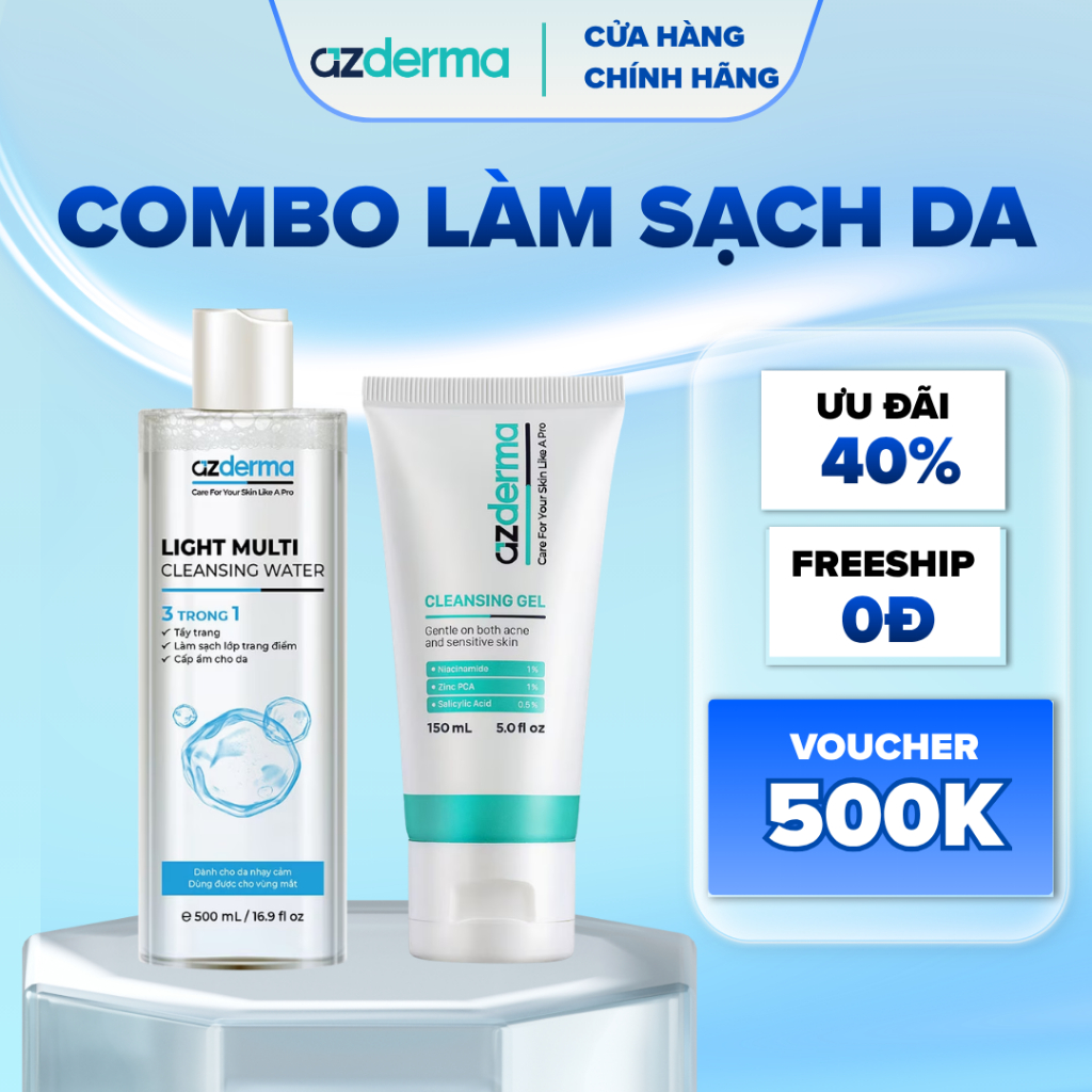 COMBO SẠCH DA DỊU NHẸ AZDERMA - Nước tẩy trang 500ML & Sữa rửa mặt 150ML