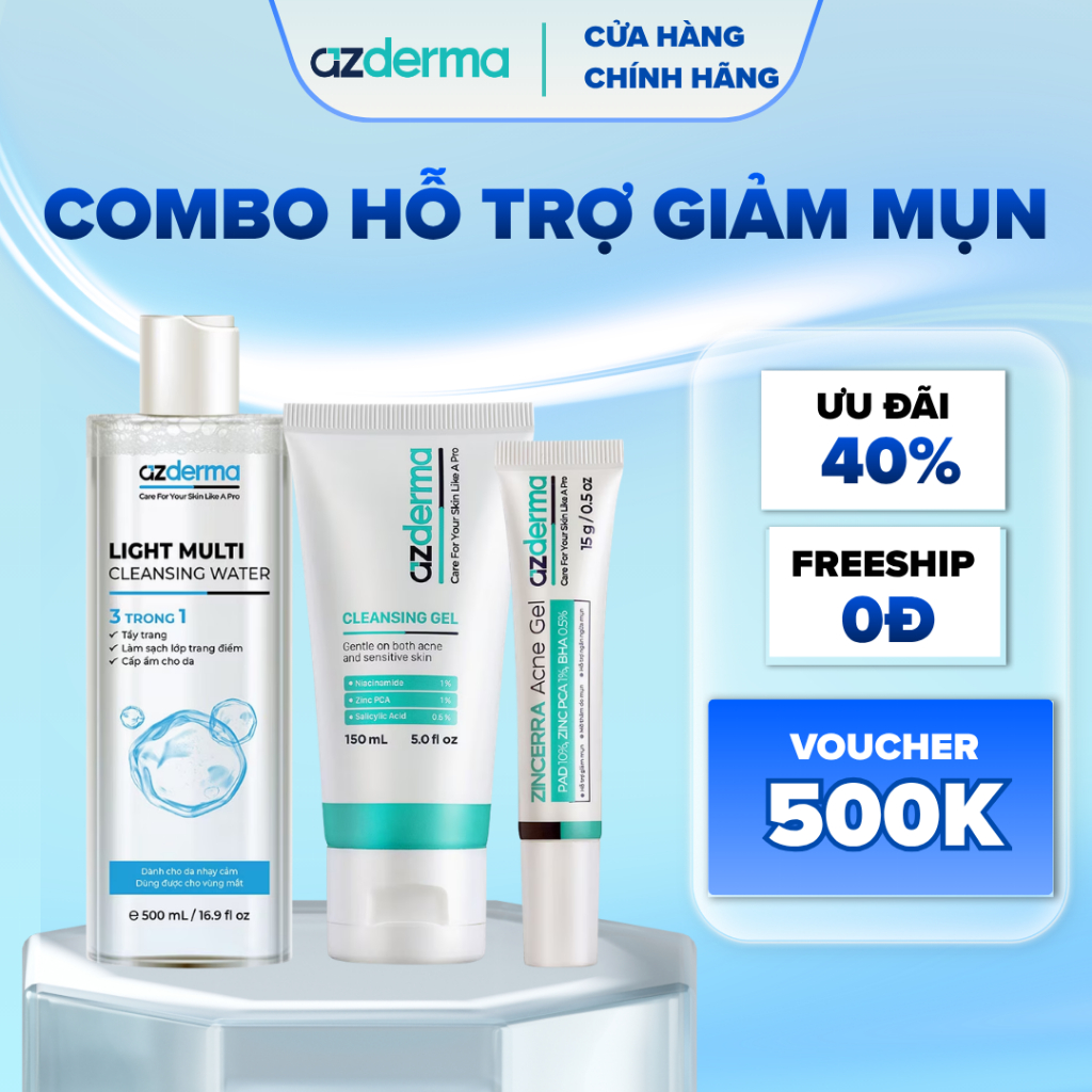 COMBO HỖ TRỢ GIẢM MỤN AZDERMA - Nước tẩy trang 500ML & Sữa rửa mặt 150ML & Gel giảm mụn zincerra 15g