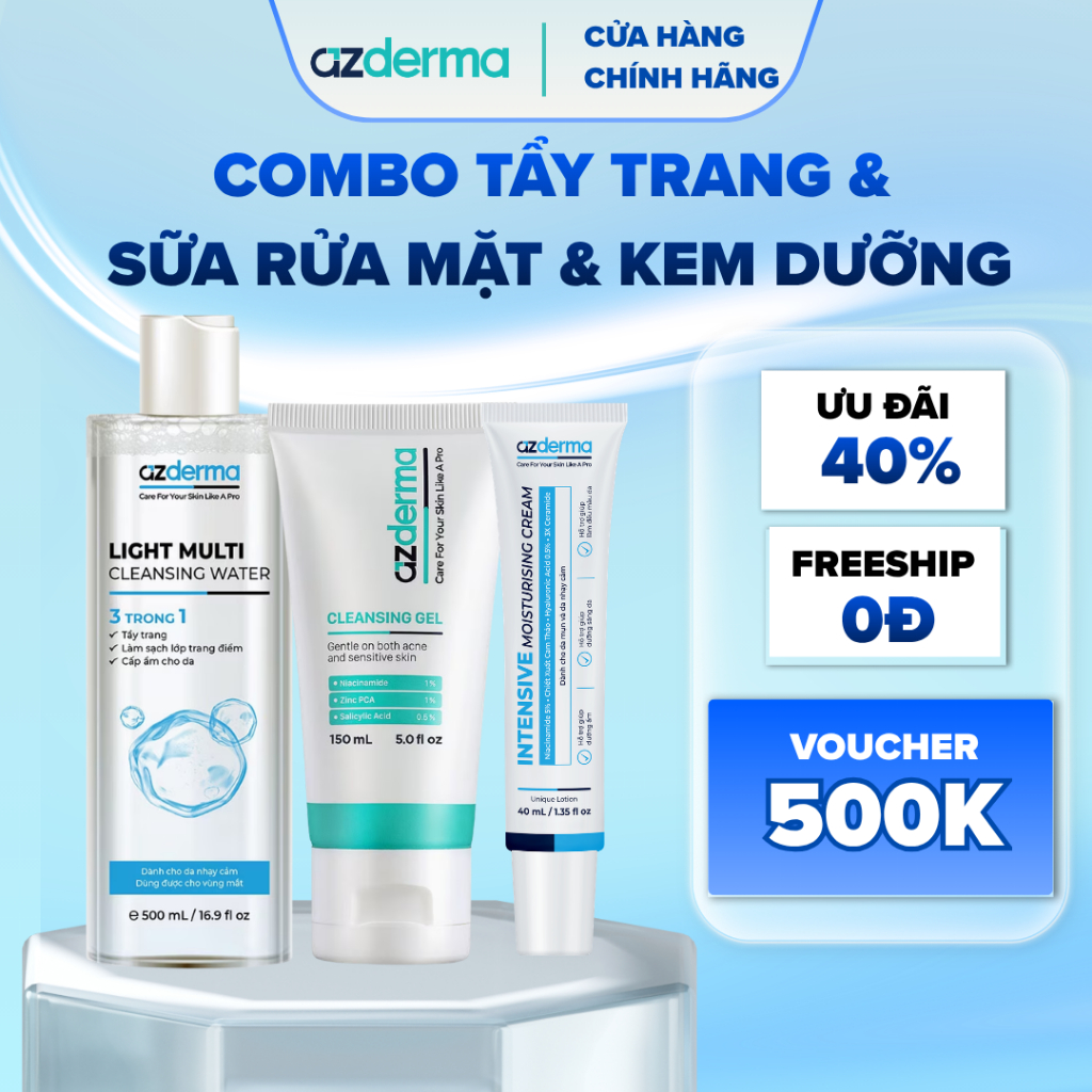 COMBO LÀM SẠCH VÀ DƯỠNG ẨM AZDERMA -Sữa rửa mặt 150ML & Nước tẩy trang 500ML & Kem dưỡng ẩm Azderma 