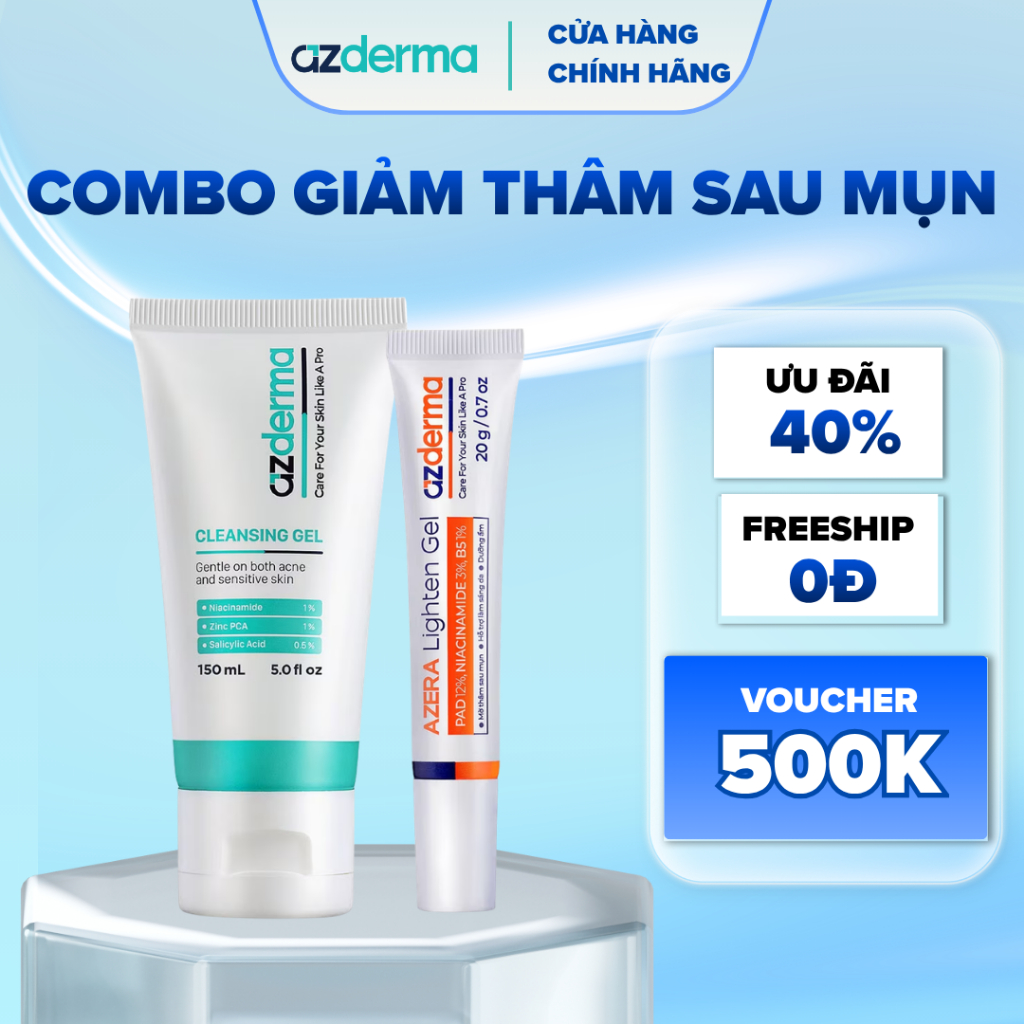 COMBO HỖ TRỢ GIẢM THÂM SAU MỤN AZDERMA - Sữa rửa mặt 150ML/60ML & Azera Lighten Gel Azderma 20G