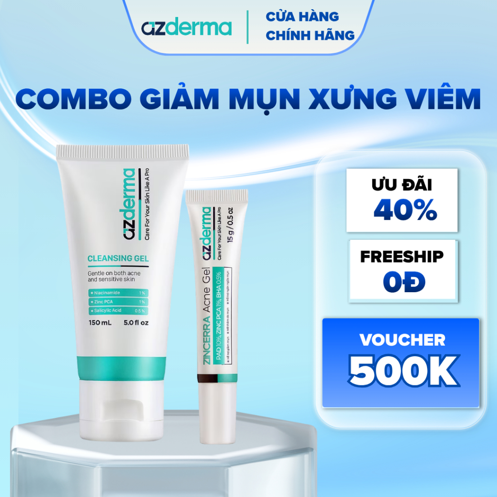 COMBO HỖ TRỢ DA MỤN AZDERMA - Sữa rửa mặt 150ML/60ML & Zincerra Acne Gel 15G