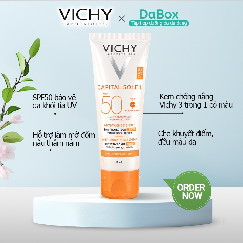 Kem chống nắng Vichy Capital Soleil 3 trong 1 nâng tông SPF50+ hỗ trợ giảm thâm nám da nhạy cảm