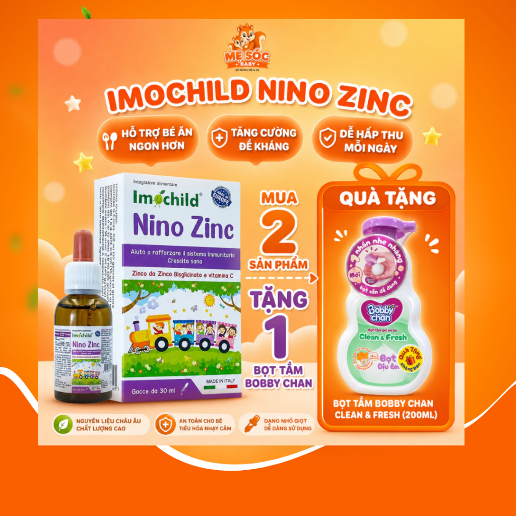 [ TẶNG BỌT TẮM] Combo 2 lọ Imochild Nino Zinc 30ml Nhỏ Giọt Bổ Sung Kẽm & Vitamin C Hỗ Trợ Tăng Đề K
