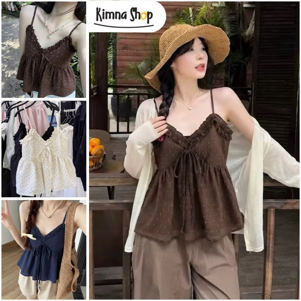 Áo 2 Dây Đũi Bèo Nơ Ngực (Dây Điều Chỉnh Độ Dài)
