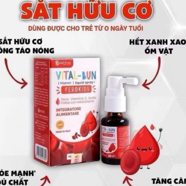Sắt xịt Vital -Bun - bổ sung sắt cho trẻ sơ  sinh và trẻ nhỏ . giảm tỉ lệ thiếu máu ở trẻ, trẻ chậm 