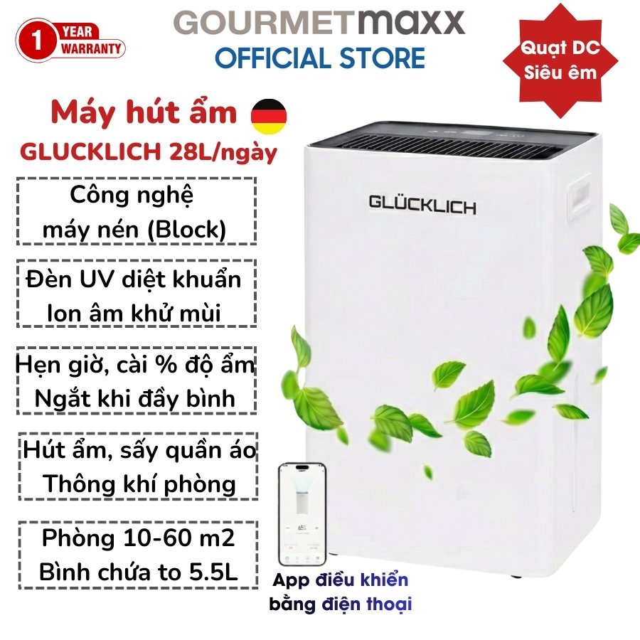 Máy hút ẩm lọc không khí Glucklich GLD14-OL, 14 lít/ngày, diện tích 30-80m²