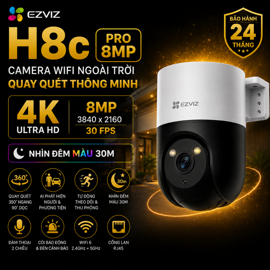 Camera EZVIZ H8c Pro 8MP 4K WiFi 6 Ngoài Trời Quay Quét 360° AI Người Phương Tiện Nhìn Đêm Màu 30M