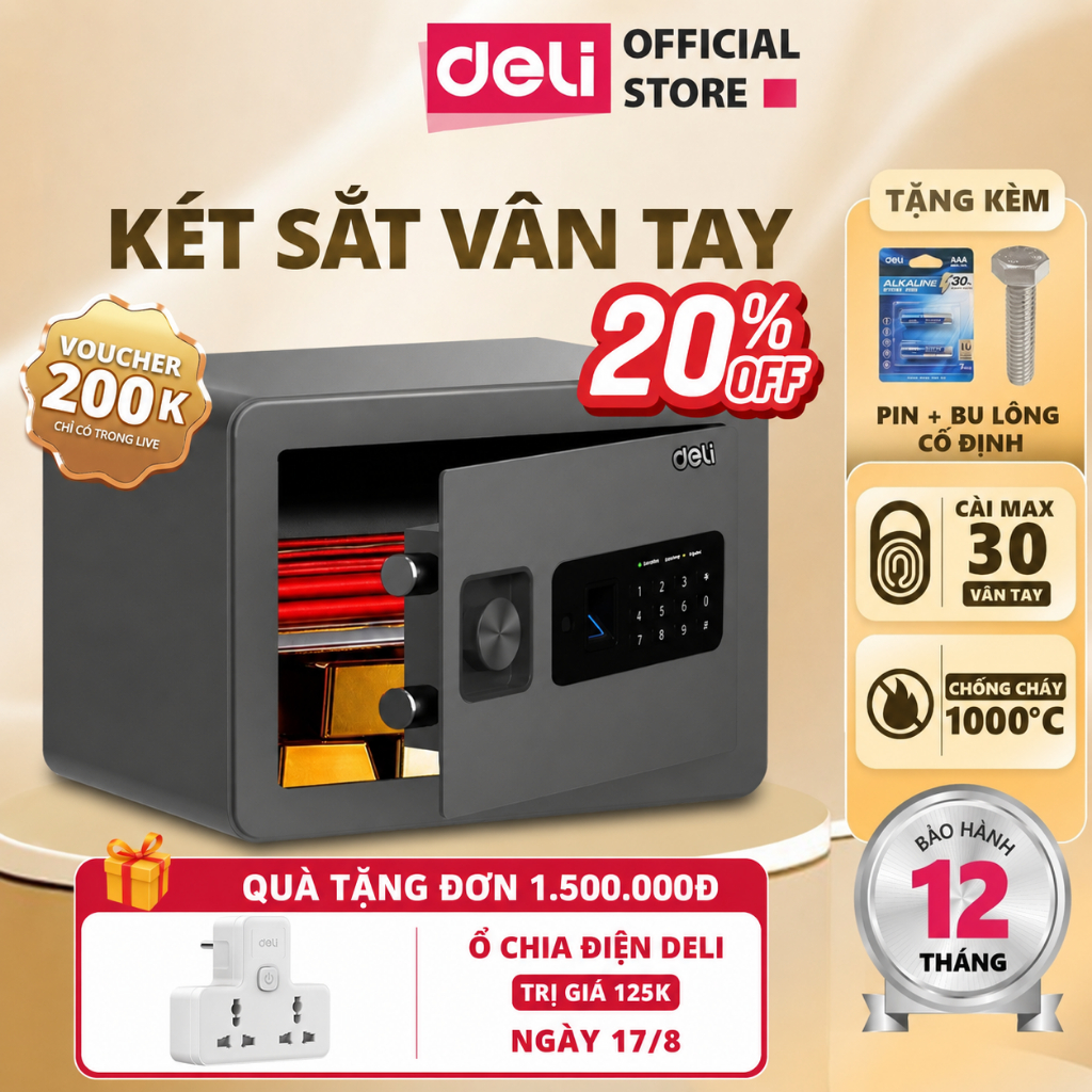 [Tặng Pin] Két Sắt Vân Tay DELI ET591 Két Sắt Khách Sạn Khung Kim Loại Chống Cắt Chống Cháy An Toàn