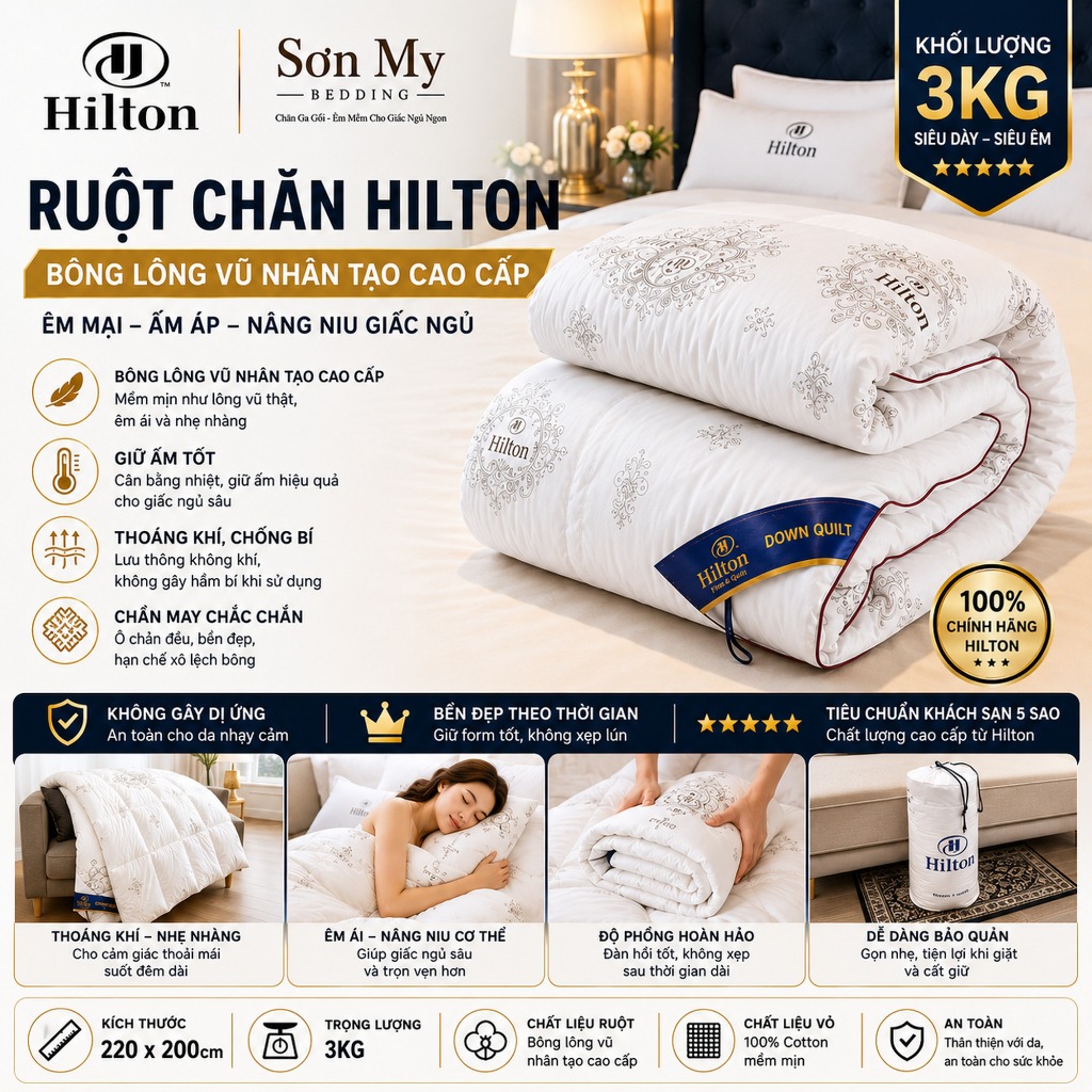 Ruột chăn Hilton lông vũ siêu ấm , Mền lông vũ Hilton siêu nhẹ nhập khẩu nguyên chiếc
