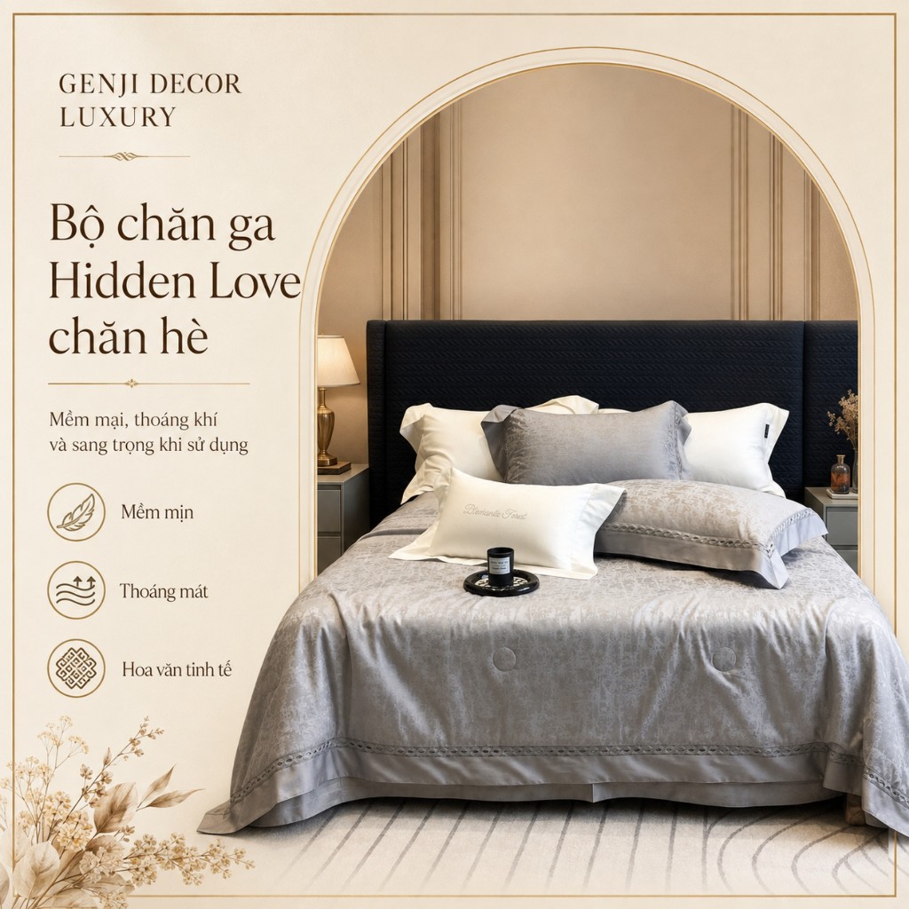 Bộ chăn ga chất liệu lụa tencel 100s HIDDEN LOVE set chăn hè hàng nhập cao cấp