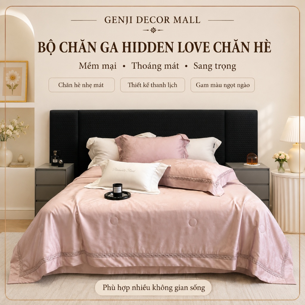 Bộ chăn ga gối lụa tencel 100s HIDDEN LOVE set chăn hè hàng nhập cao cấp
