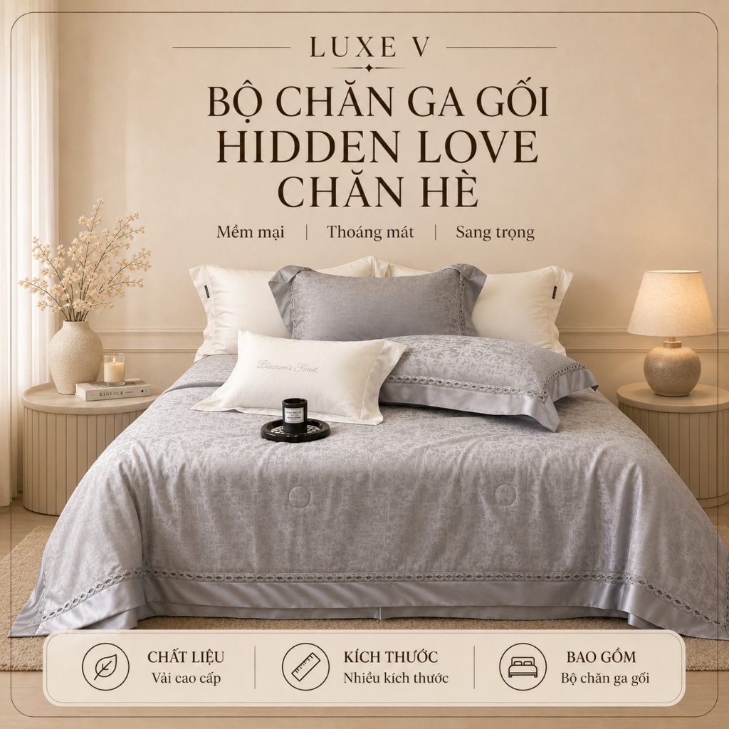 Bộ chăn ga gối Genji Deocor chất liệu lụa tencel 100s HIDDEN LOVE set chăn hè hàng nhập cao cấp