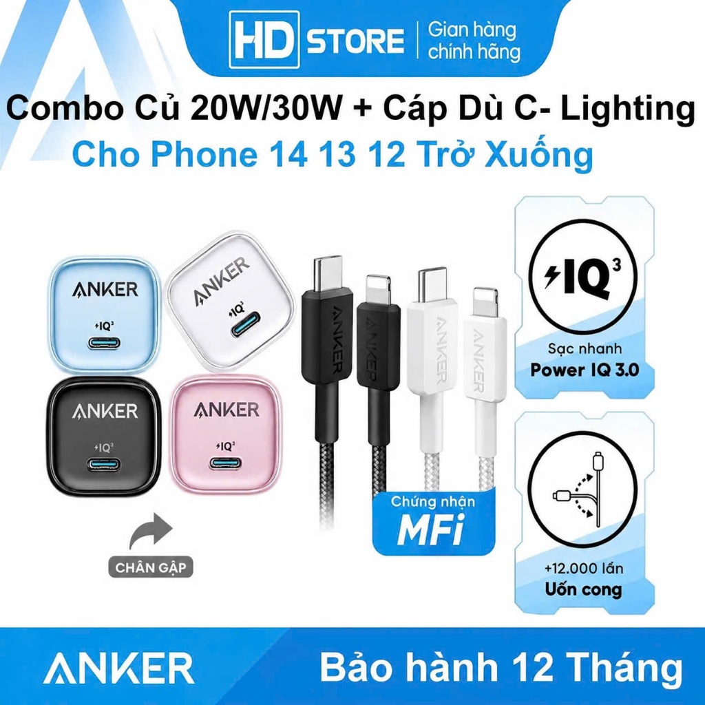 Bộ sạc nhanh 20W ANKER 30W bọc dù PowerLine + II Type C to Lighting - A81A5 A81A6 Dài 1 Mét 2 Mét HD