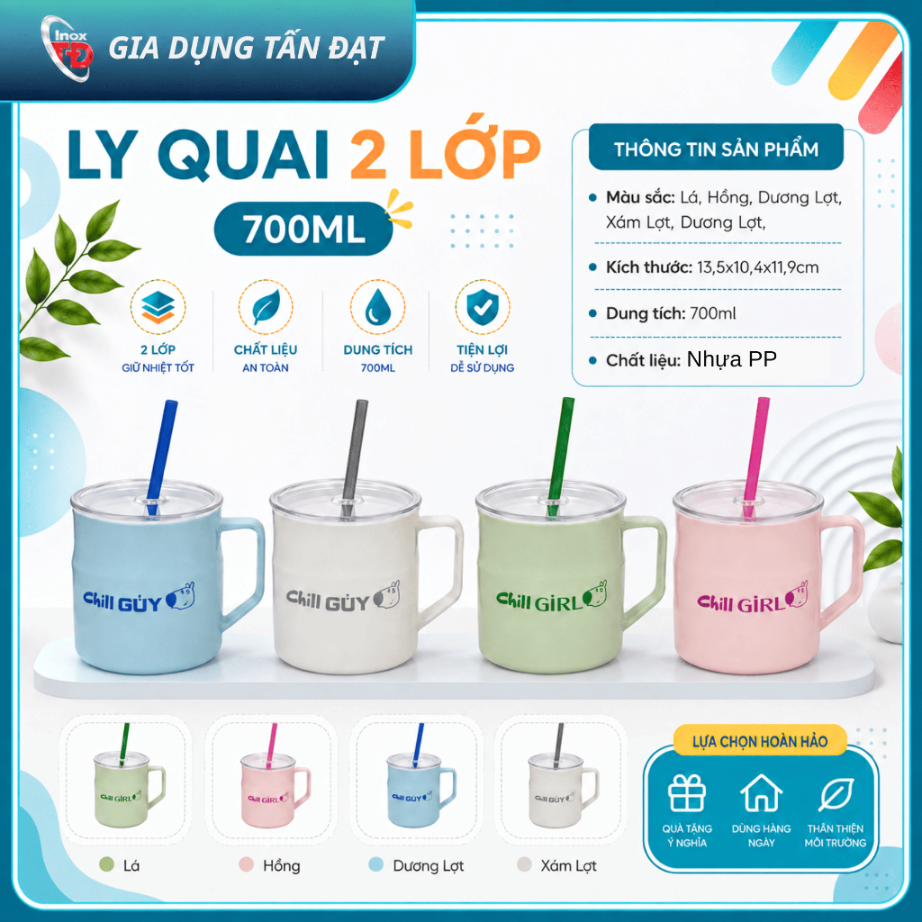 Ly Quai 2 Lớp 700ml – Ly Cốc Uống Nước Nhựa PP Có Ống Hút, Quai Cầm Tiện Lợi