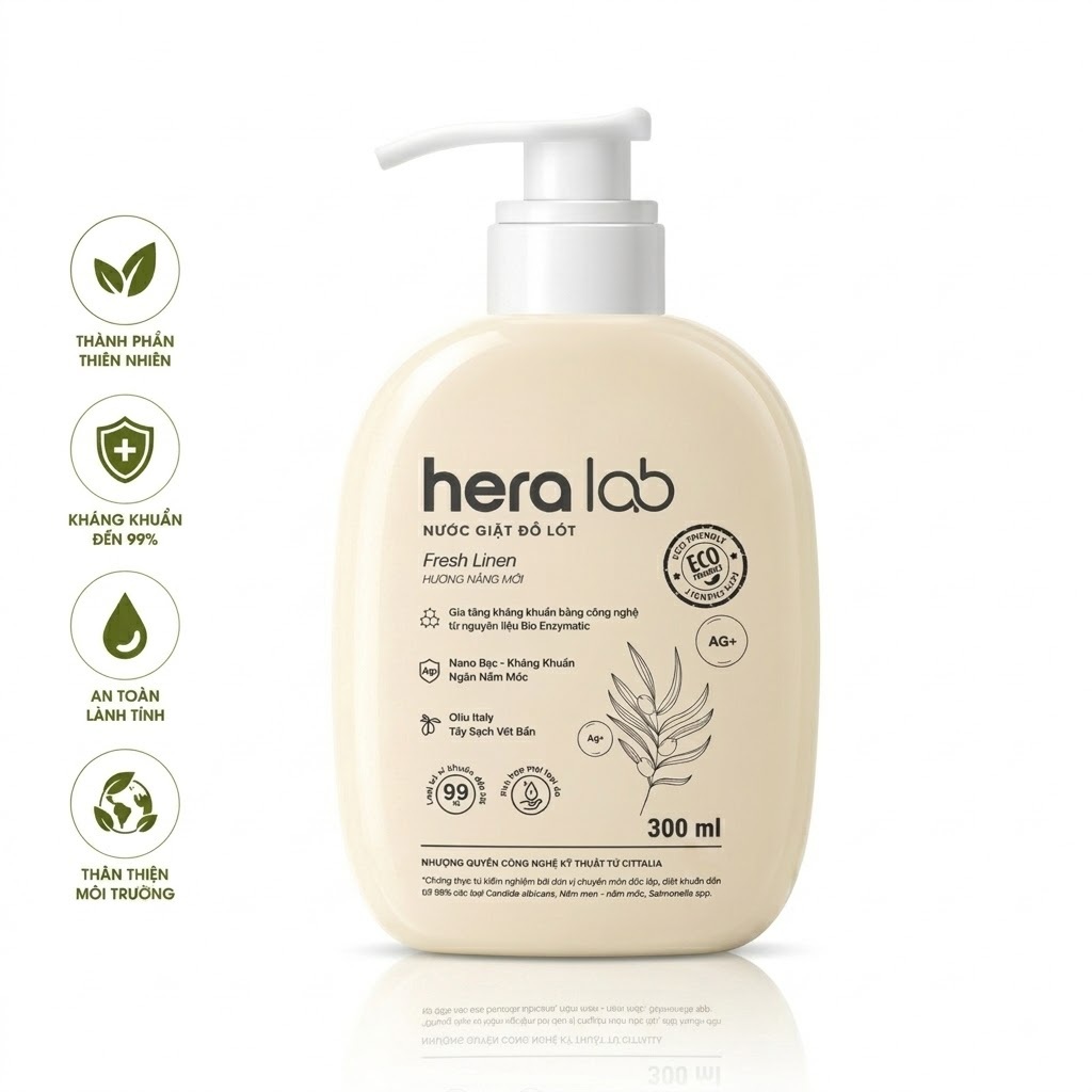 Nước giặt đồ lót cao cấp Heralab khử mùi , kháng nấm , tẩy sạch mọi vết bẩn - Hương Hoa Cỏ Chai 300ml