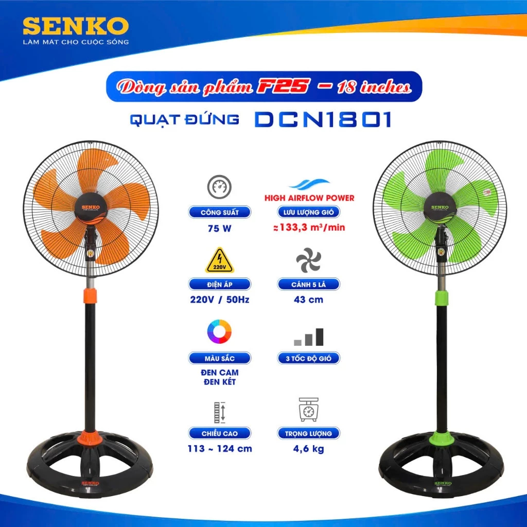 Quạt đứng Senko DCN1801 75W – Cánh 43cm – 3 tốc độ gió – Điều chỉnh cao thấp – Chính hãng (MẪU MỚI C